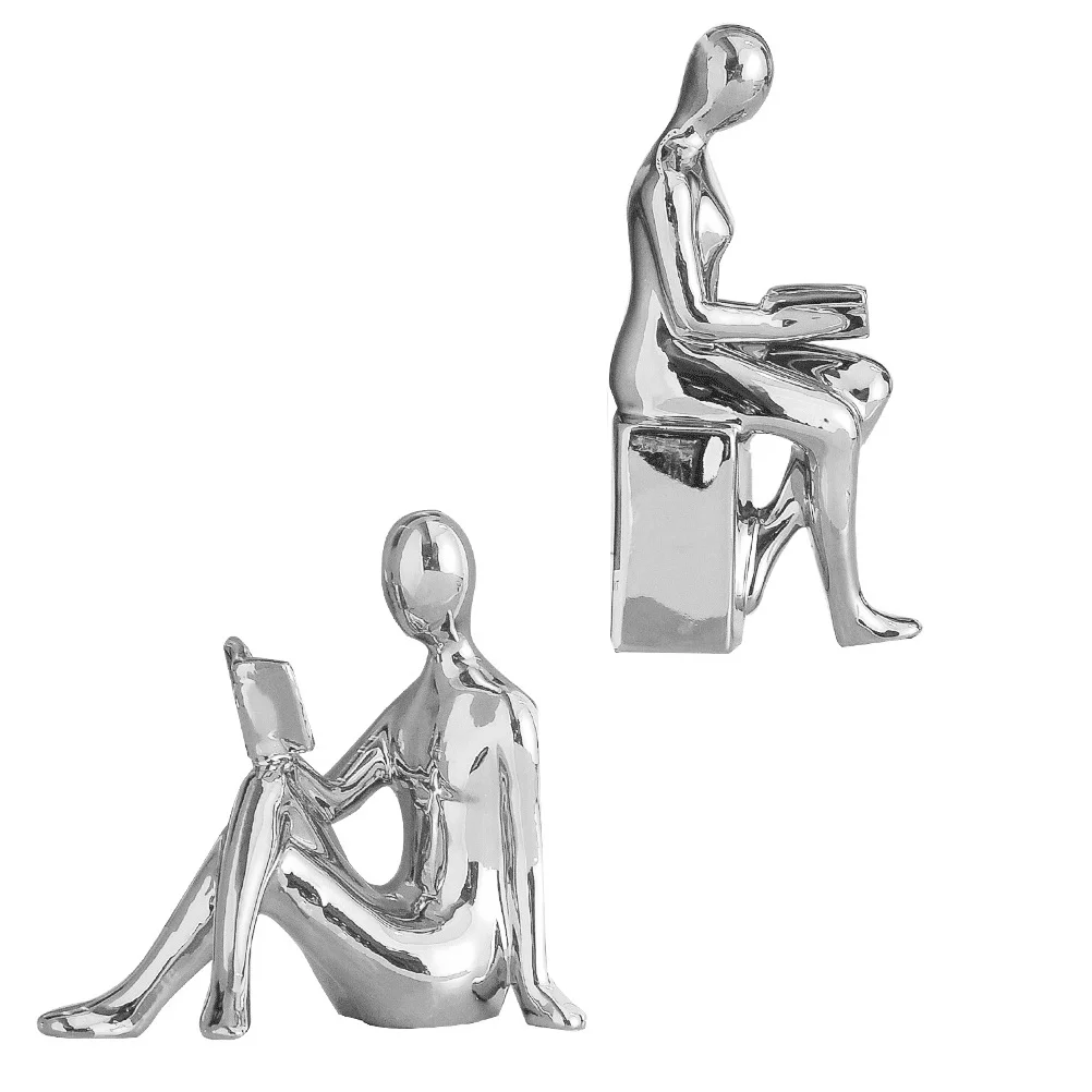 

1Pair Reader Statue Ceramic Reading Figurines Desktop Ornament Bookends Decoration Bookshelf Living Room Craft