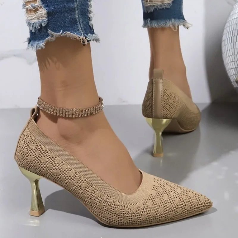 Women High Heel Shoes Knit Breathable Pumpd  Apricot Thin Heels Mesh Pointed Single Shoes Casual Pointed Toe Tacones Mujer 2024