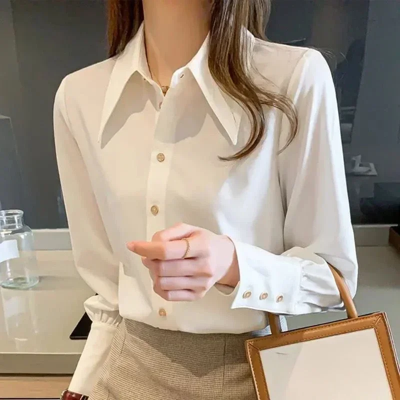 

Корейские белые женские рубашки, модные шифоновые темпераментные блузки, 2025 Camisas De Mujer, летние блузки с длинными рукавами большого размера, топы