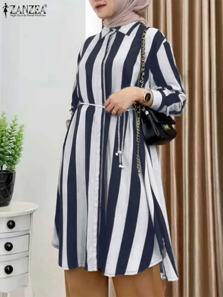 

ZANZEA Muslim Blouse Turkey Abaya Kaftan Women Stylish Long Shirts Long Sleeve Casual Striped Tops Islamic Clothing Blusas Femme