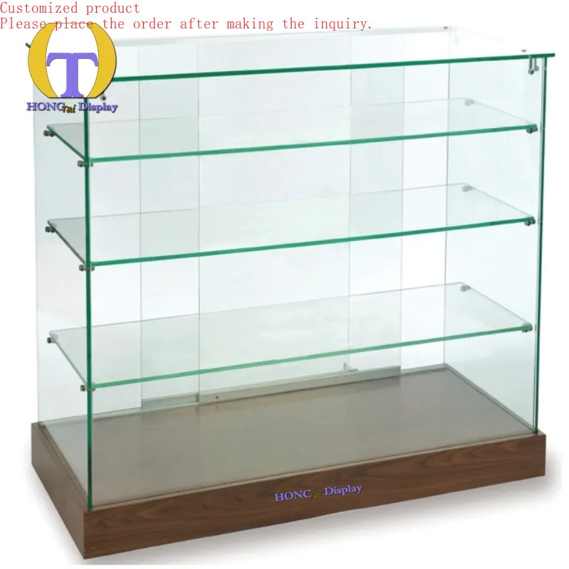 

Custom.Multiple Clear Glass Shelves Sophisticated Display Space Retail Showcase With Sturdy Wooden Base Perfect for Any Retail S