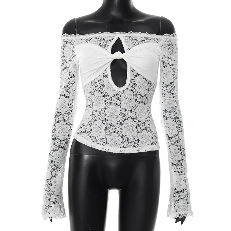 

Женская футболка y2k Knot Twist с цветочным кружевом, прозрачные укороченные топы с открытыми плечами, винтажная футболка Fairy Coquette, прозрачные облегающие футболки, рубашка