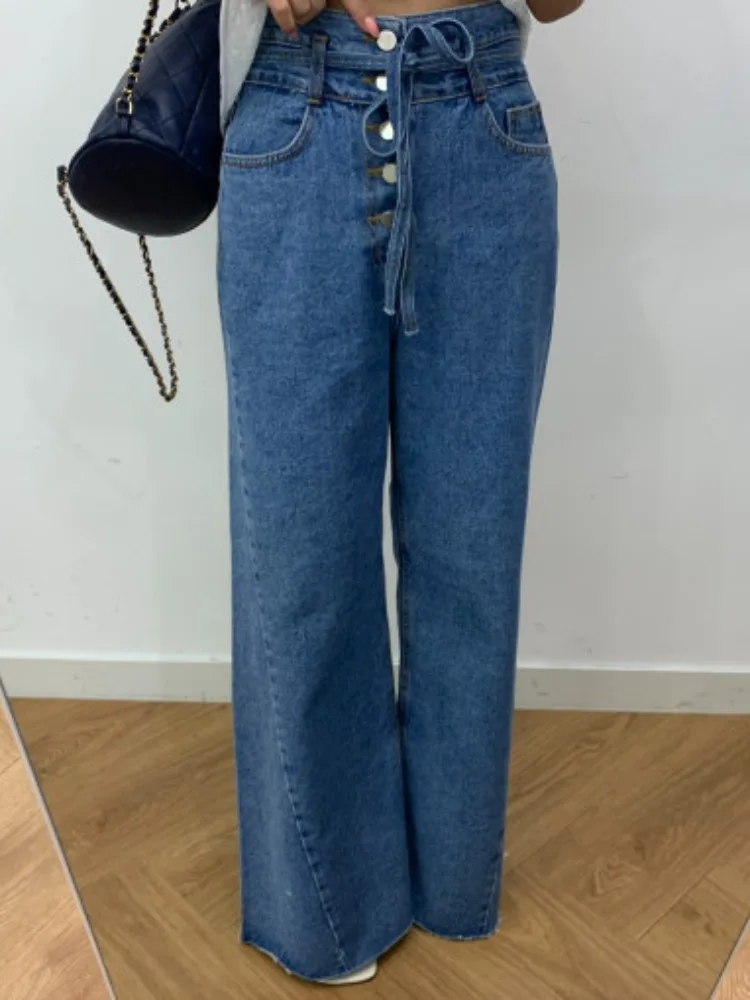 Chic Hohe Taille Breite Bein Jeans frauen Retro Single Button Design Abnehmen Spleißen Denim Hosen Herbst Faion plus Größe