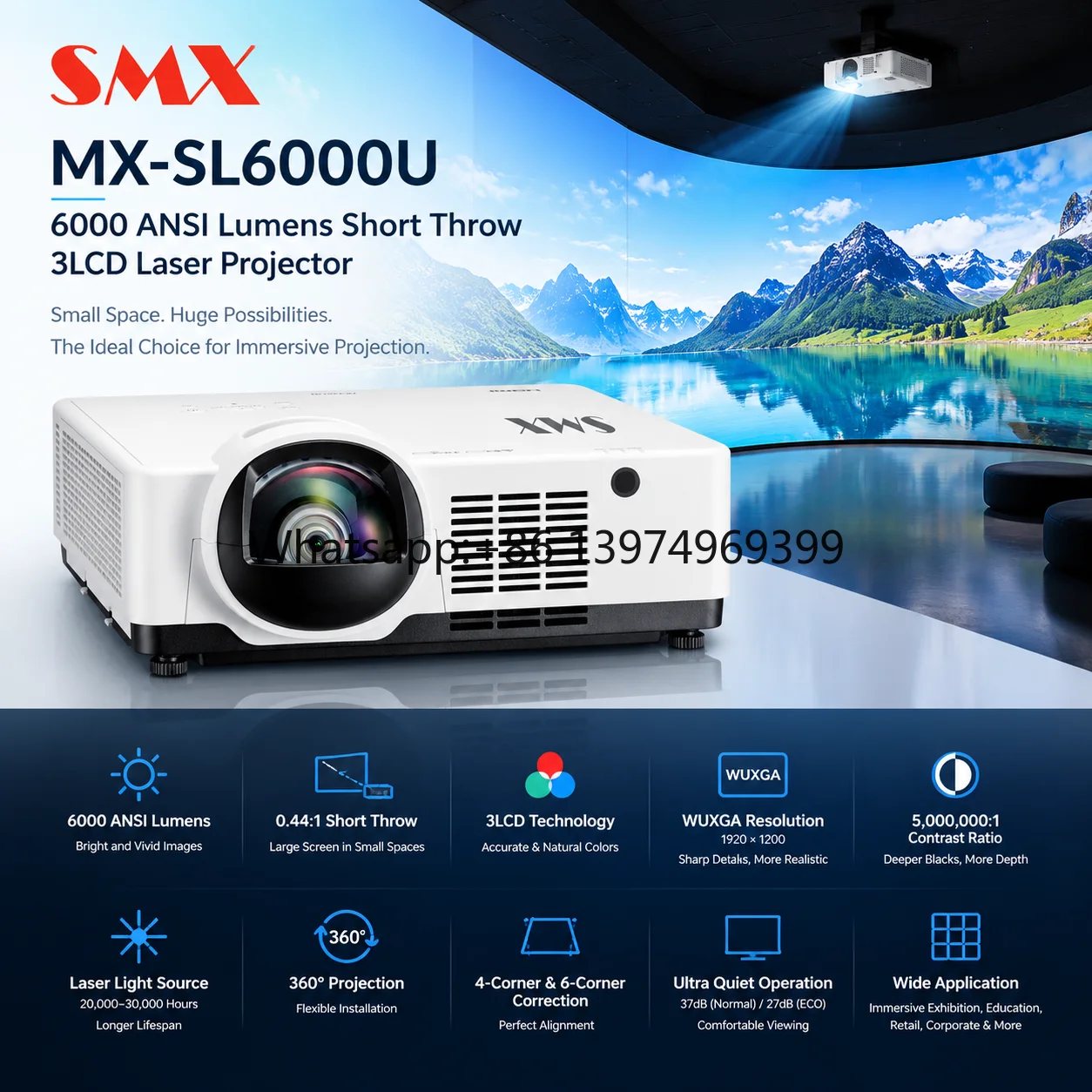 6000 ANSI Lumens Short Throw Laser Projector WUXGA 360 Degree Projection for Education and Commercial AV