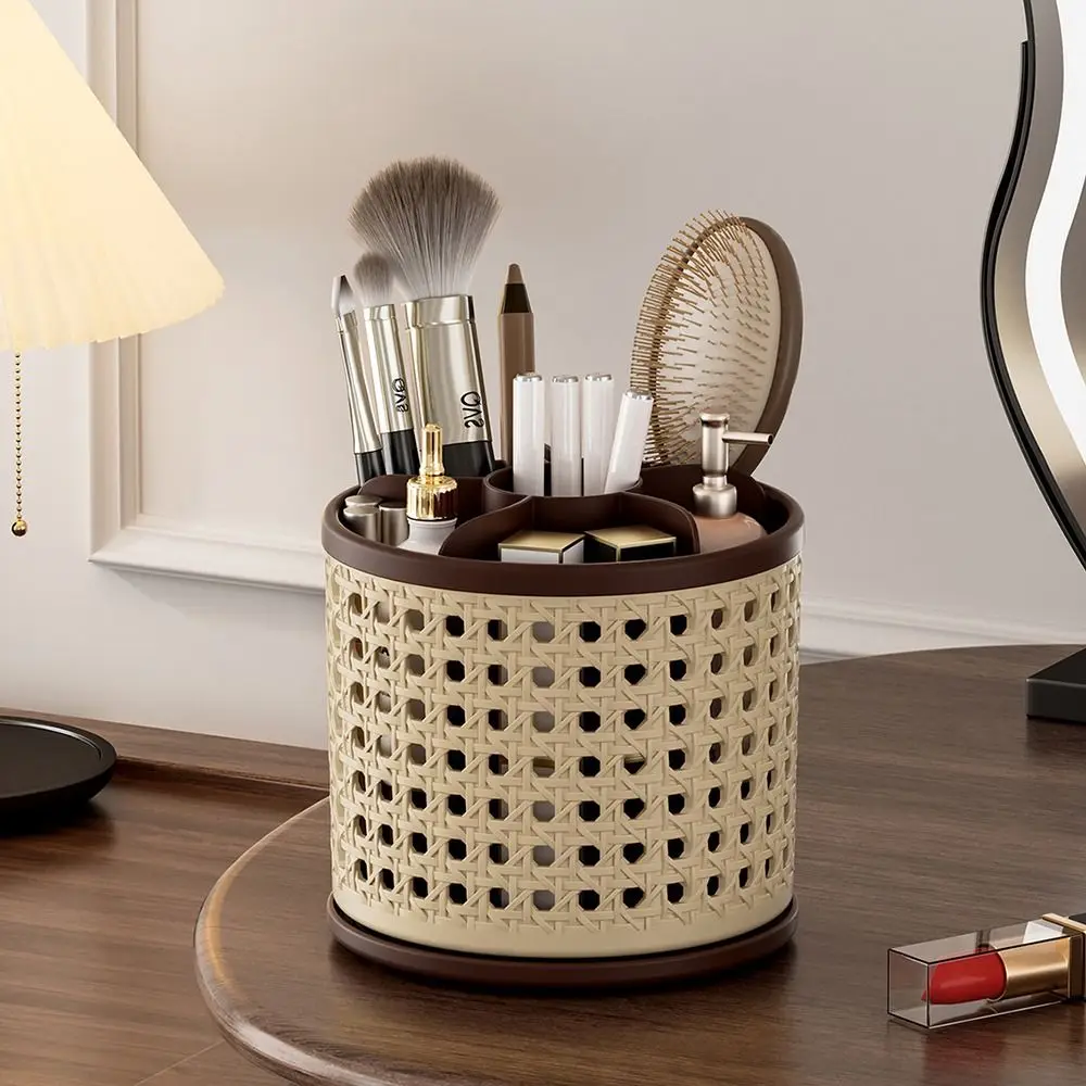 360° Rotating Desktop Pen Holder Large Capacity Multifunctional Makeup Brush Storage Box Grid Design Vintage