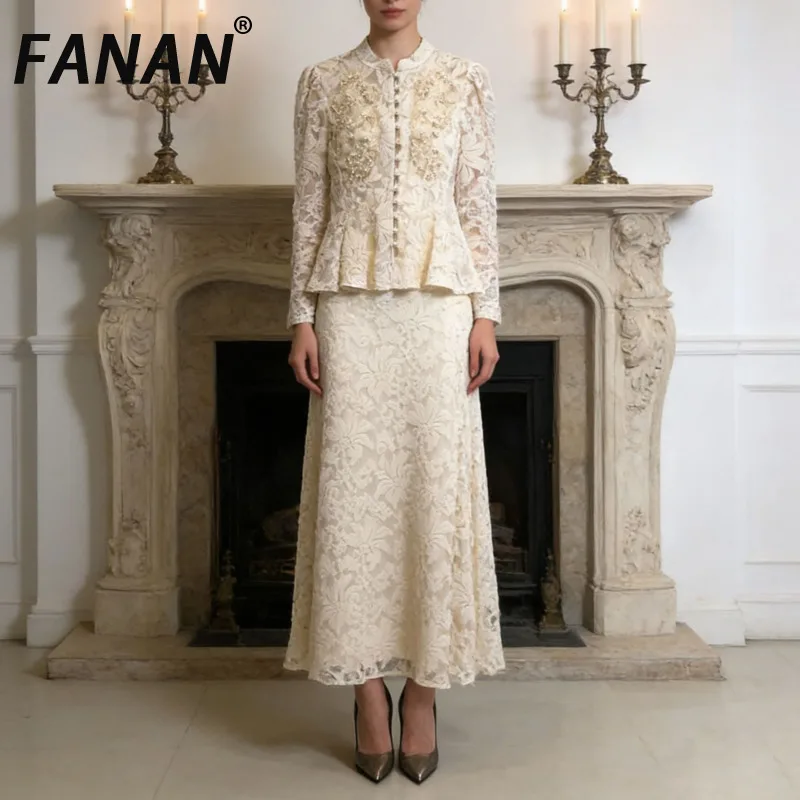 

FANAN Elegant Party Clotting Women's 2 Piece Set Embroidery Design Fit Coats + High Waist A-line Skirts Evening Clothes Suits