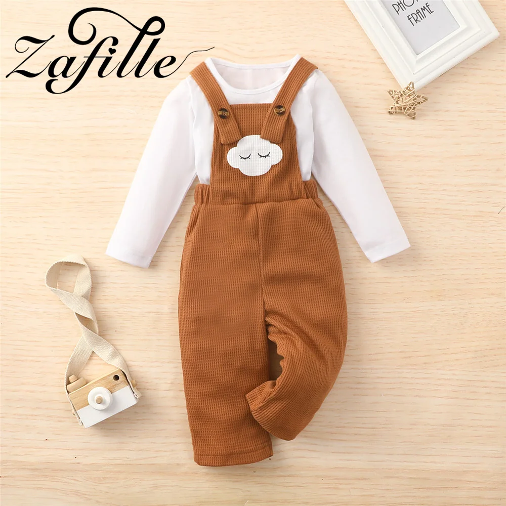 

ZAFILLE Kids Girls Clothing Set Solid Top+Clouds Printed Overalls Spring Autumn Baby Clothes Cute Children Outfits Boys Outwear