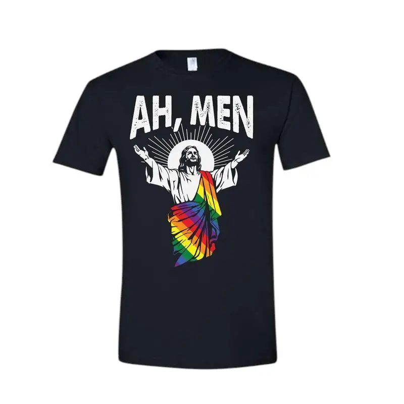 

Women's LGBTQ+ Pride T-Shirt | "Ah Men" Rainbow Jesus Graphic Tee | Inclusive Faith Ally Gift Top