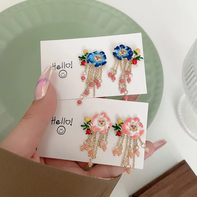 Korean Style Sweet Colorful Flower Stud Earrings for Women Girls Cute Crystal Animal Ladybug Earrings Charm Party Jewelry Gifts