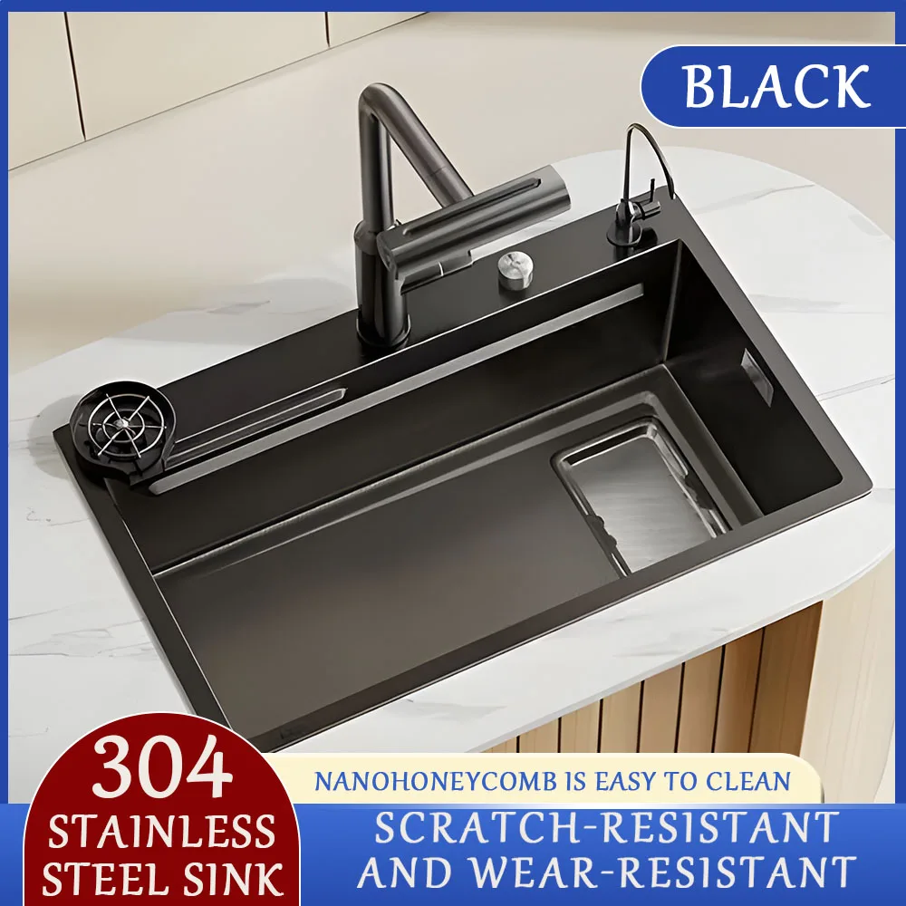 

Kitchen sink 304 stainless steel nano sink integrated waterfall vegetable basin rice grain embossing Large slag collecting