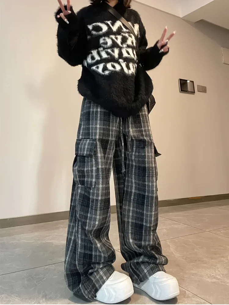 سراويل البضائع النسائية الأمريكية الرجعية، نمط الربيع والخريف، سراويل رياضية كاجوال منقوشة من الصوف #2