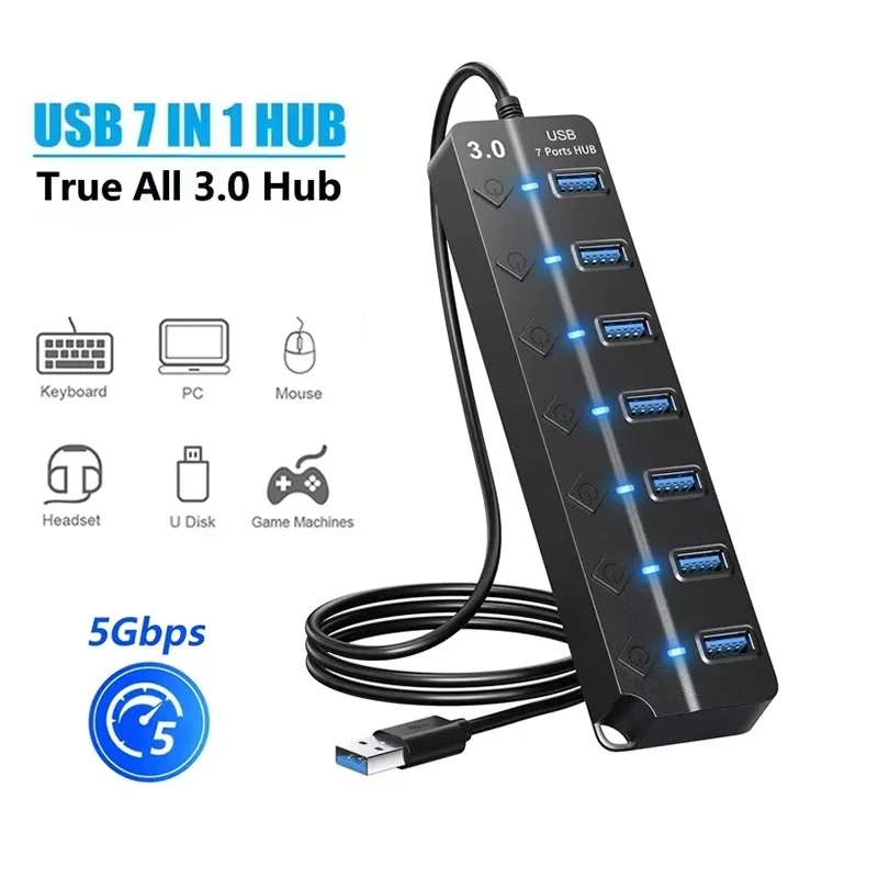 7 In 1 USB HUB USB 3.0 Switch USB Hub 2.0 Adapter High Speed Multi 7 Port Hub USB On/Off Switch Portable USB Splitter For Laptop