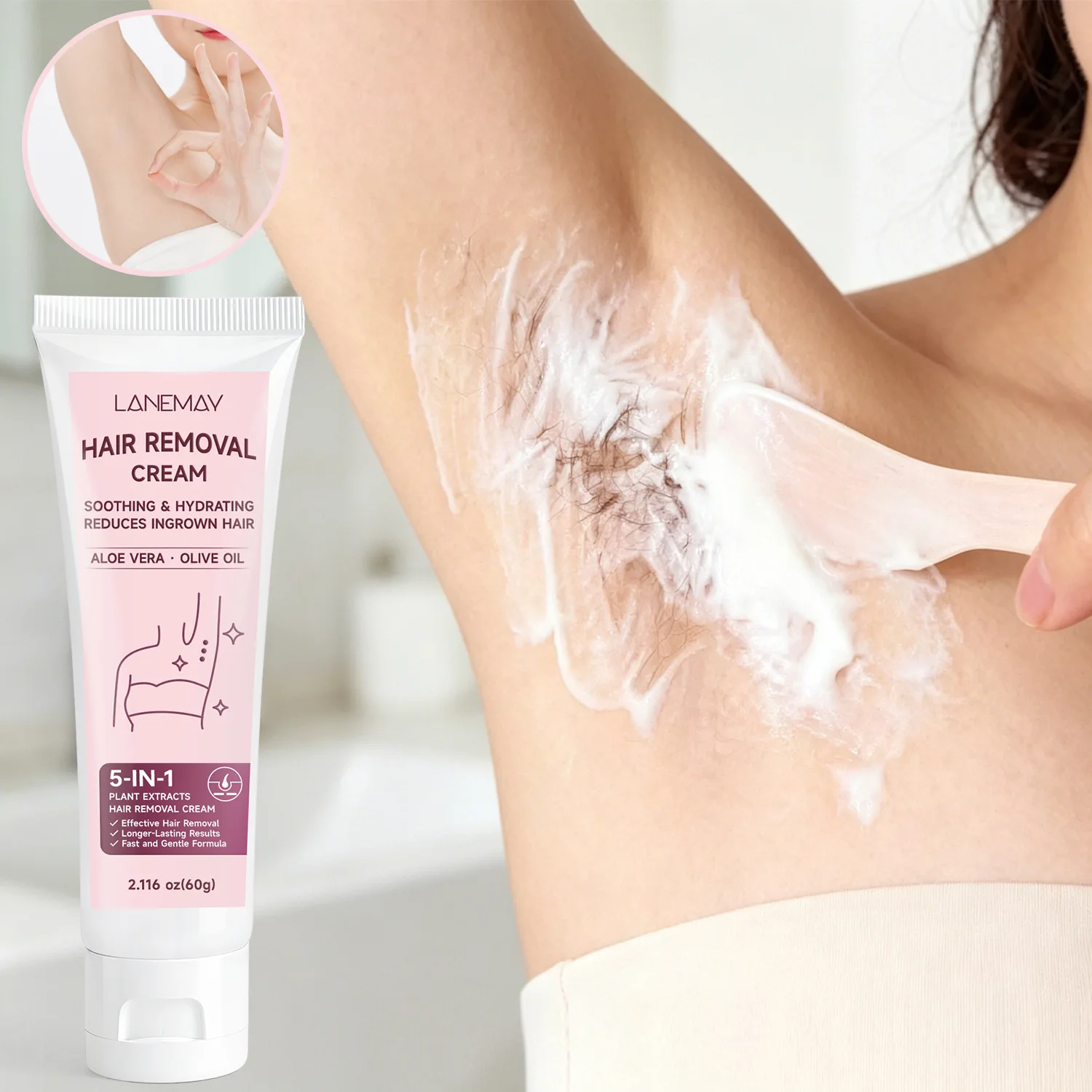 Crema Depilatoria 5 en 1 con Aloe Vera y Aceite de Oliva, Fórmula Calmante e Hidratante, Reduce los Vellos Encarnados, Rápida y Suave para Brazos