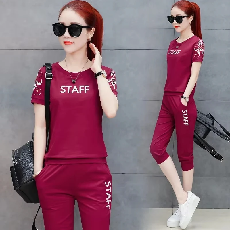 

Women's Summer New Sports Suit Plus Size Clothing Fashion Trend Casual Short Sleeved Crop Top Calf-Length Pants 2 Two Piece Sets