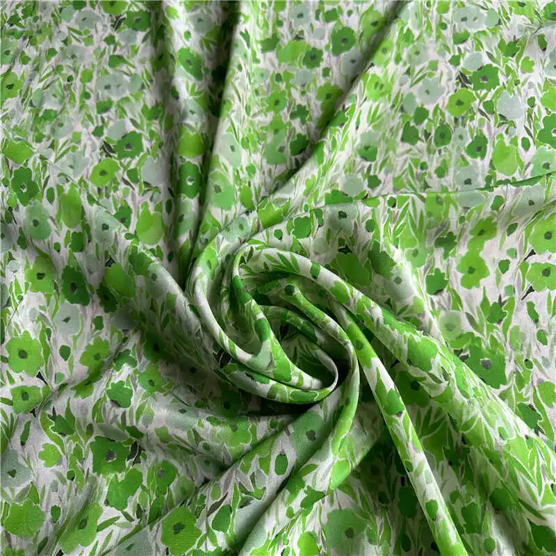 1 meter 100% Mulberry Silk 14 momme Crepe Silk Fabric Green Floral Printed 136cm 53\