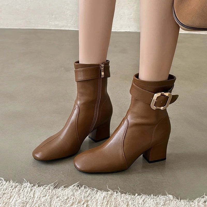 MKKHOU Fashion Short Boots Women's New High Quality Leather Boots Round Head Belt Buckle High Heel Boots Commuter Women's Boots