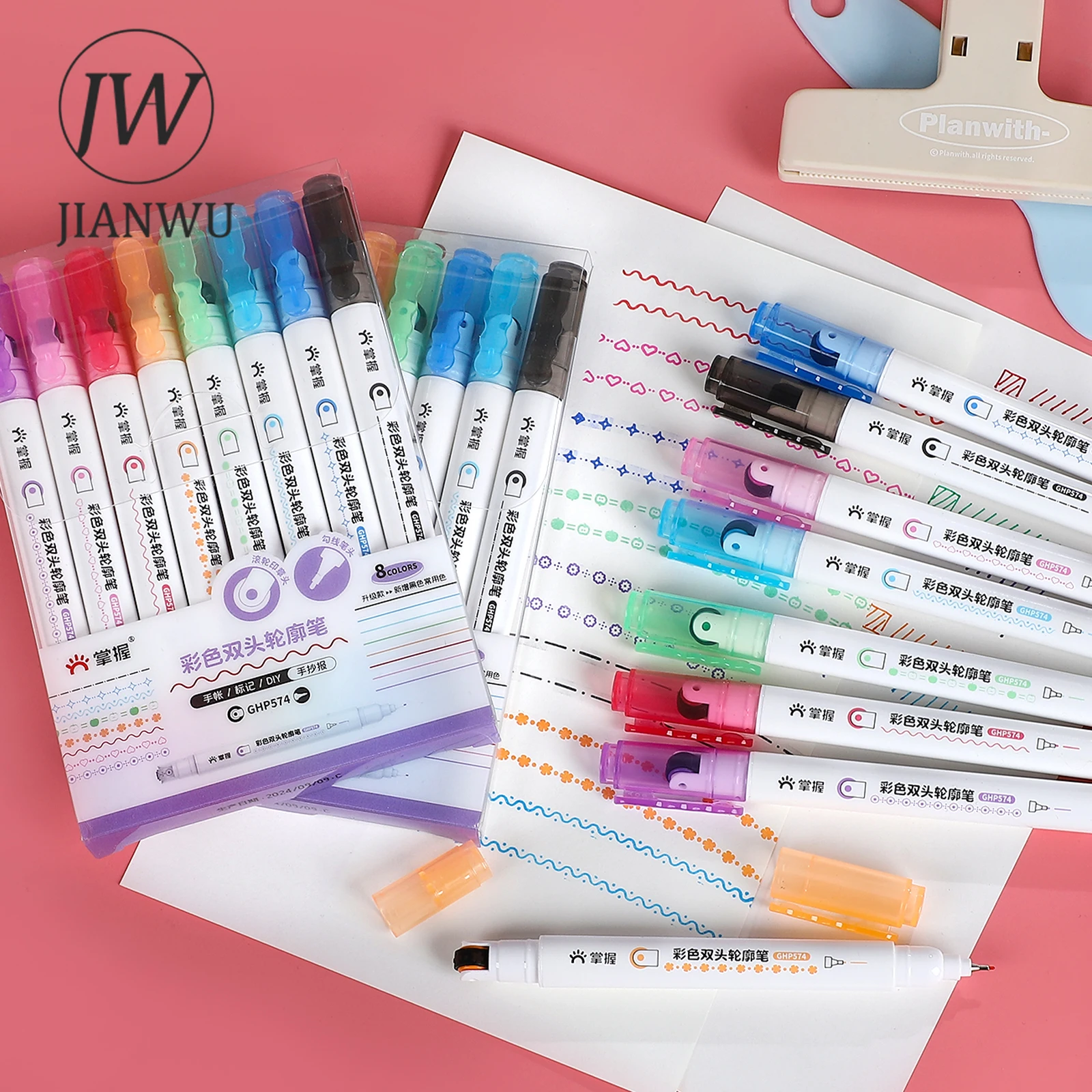 JIANWU 8 Pcs/set Colorful Double Head Outline Pen Roller Stamp Pen Set Write Smoothly Creative DIY Student Supplies Stationery