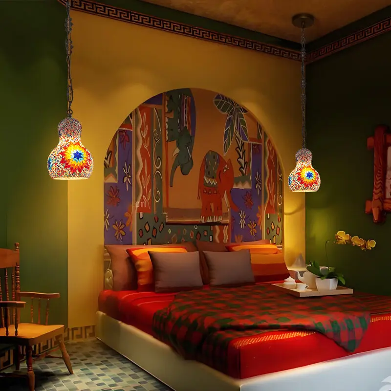 Retro Handmade Gourd Shape Mosaic Glass Chandelier for Living Room Dining Room Café - Unique Home Decoration Lighting