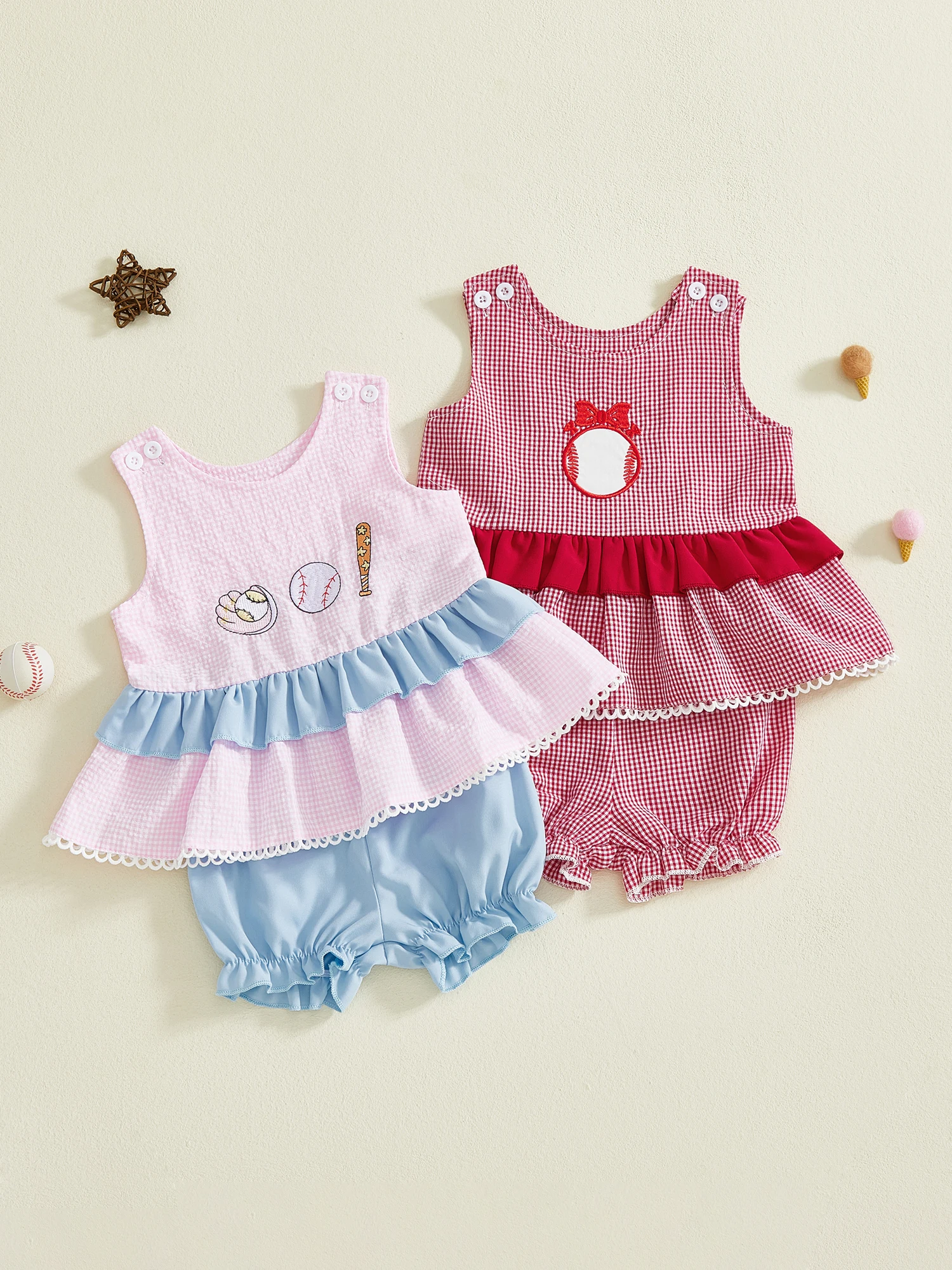 

Очаровательный комплект одежды для маленьких девочек, стильный клетчатый бейсбольный топ без рукавов с вышивкой и подходящими шортами, комплект из двух предметов