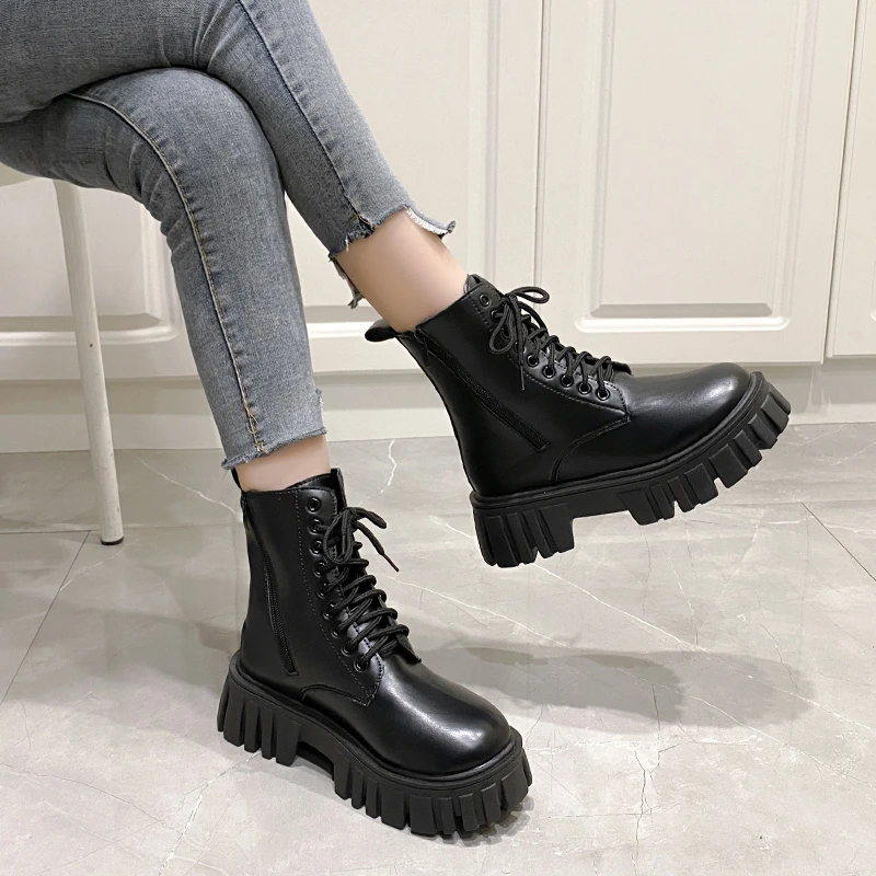 2026 Neue Herbst- und Winter-Komfortstiefel für Damen, Wadenlange Schuhe mit Dicker Sohle, Schnürung und Seitenreißverschluss, Große Größen