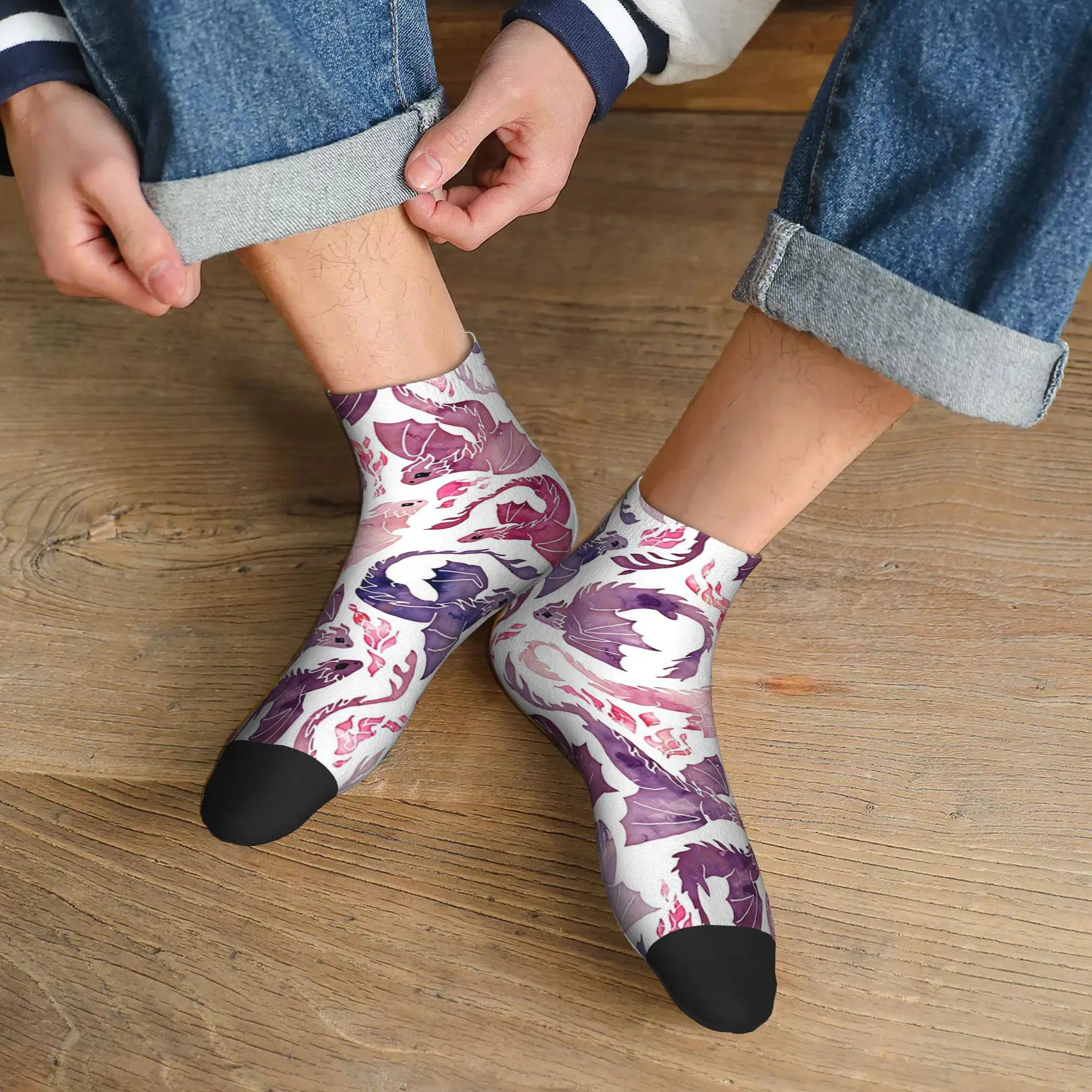 

Всесезонные носки Dragon Fire, розовые и фиолетовые носки в стиле Харадзюку, супер мягкие носки для экипажа, чулки в стиле хип-хоп для мужчин и женщин, подарки