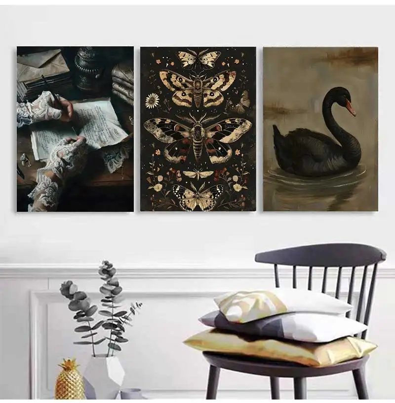 Victorian Woman Reading Bookish Swans Crow Poster Moth White Roses Wall Art Canvas Painting Print Dark Academia Home Decoration