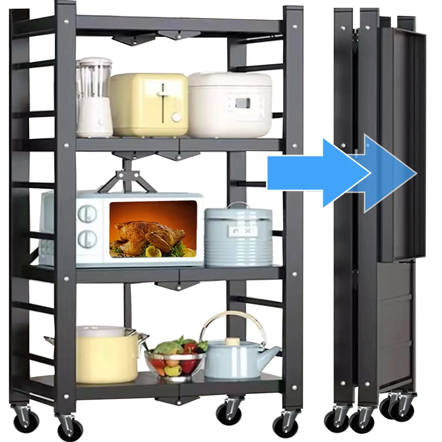 4 Tier Storage Shelf Rack 250lbs Capacity Heavy Duty Metal Shelf Foldable Storage Shelving Unit with Wheels Garage Shelf