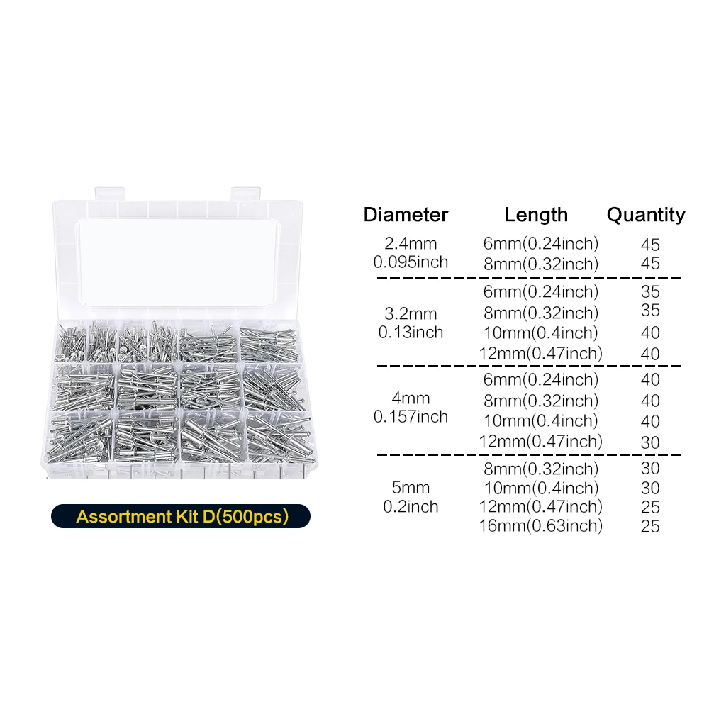 500pcs Pop Rivets Assortment Kit, 14 Sizes Aluminum Blind Rivets (3/32