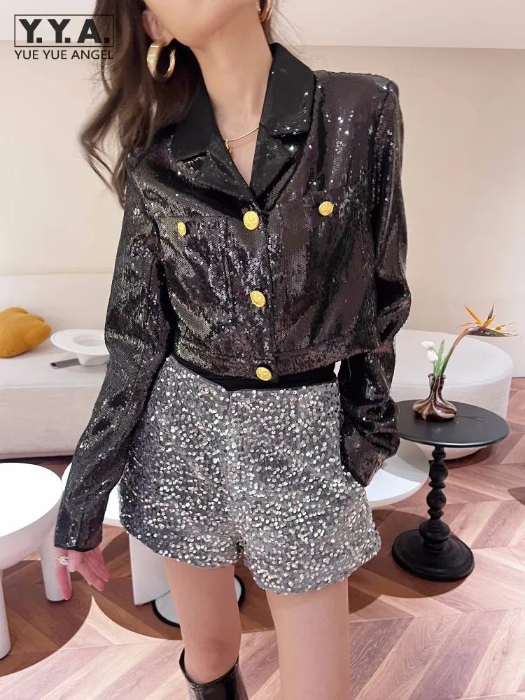 

New Fashion Women Shiny Sequined Night Clubwear Bling Bling Suit Jacket Loose Fit Short Single Breasted Female Party Coat Tops