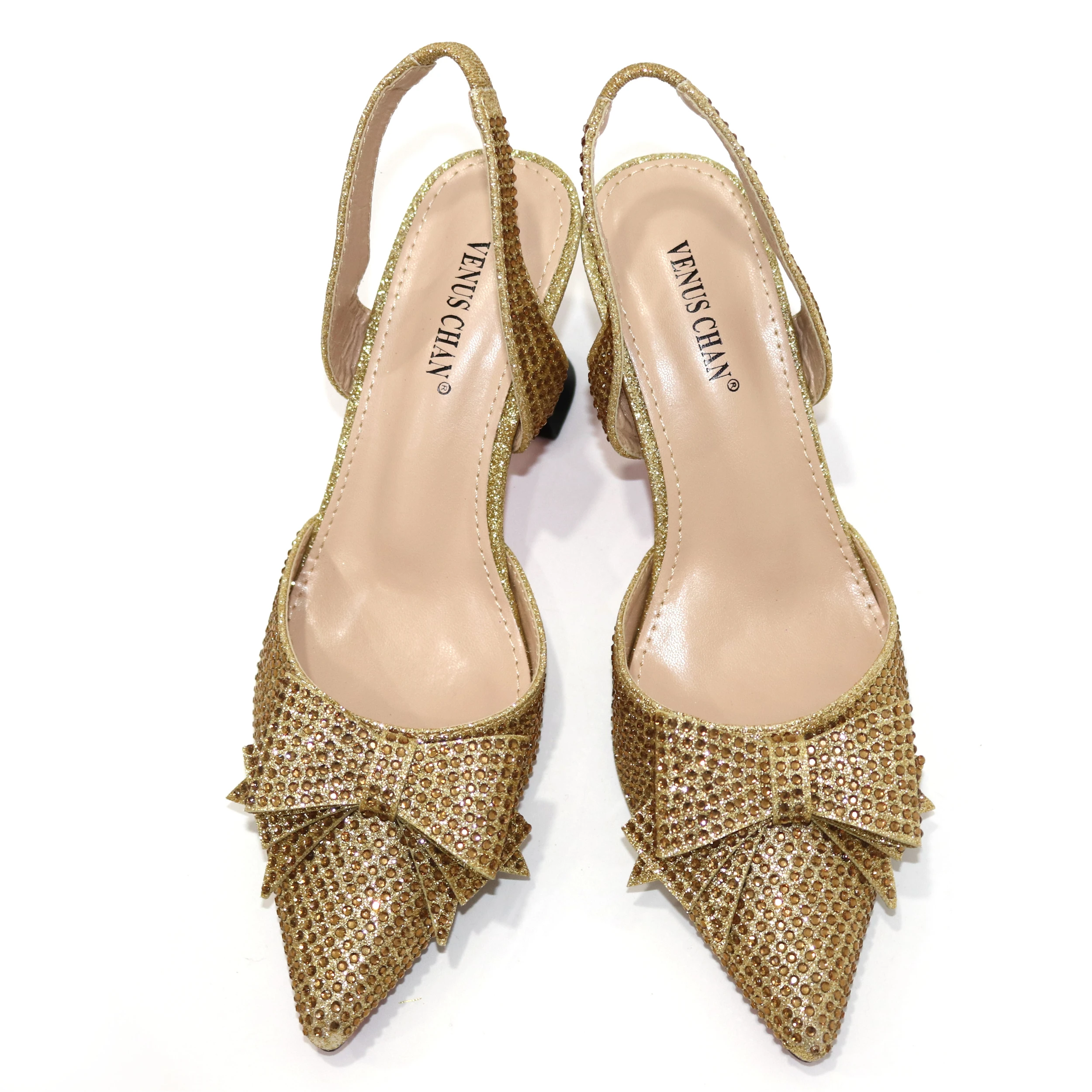 Venus Chan Bridal High Heels for Women 2023 Pointed Toe With Bows Gold Color Rhinestone Elegant Party Wedding Shoe and Bag Set