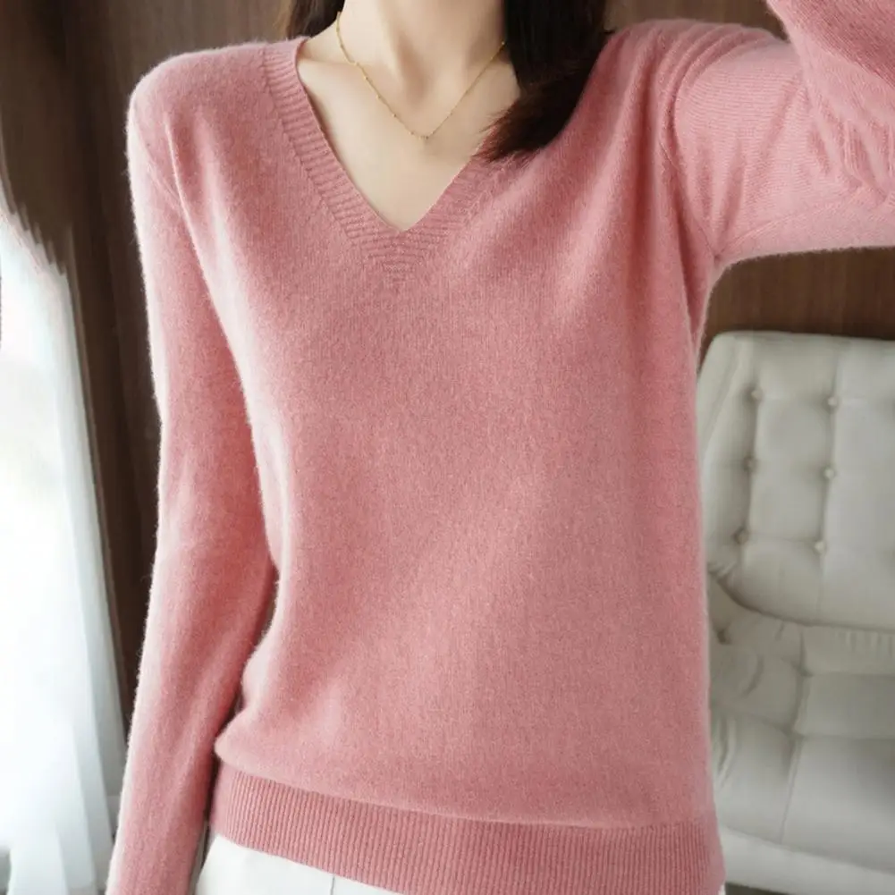 Soft Stretchy Sweater Stylish Women's V-neck Knit Sweaters Long Sleeve Pullover Tops with Ribbed Trim Elegant for Fall/winter