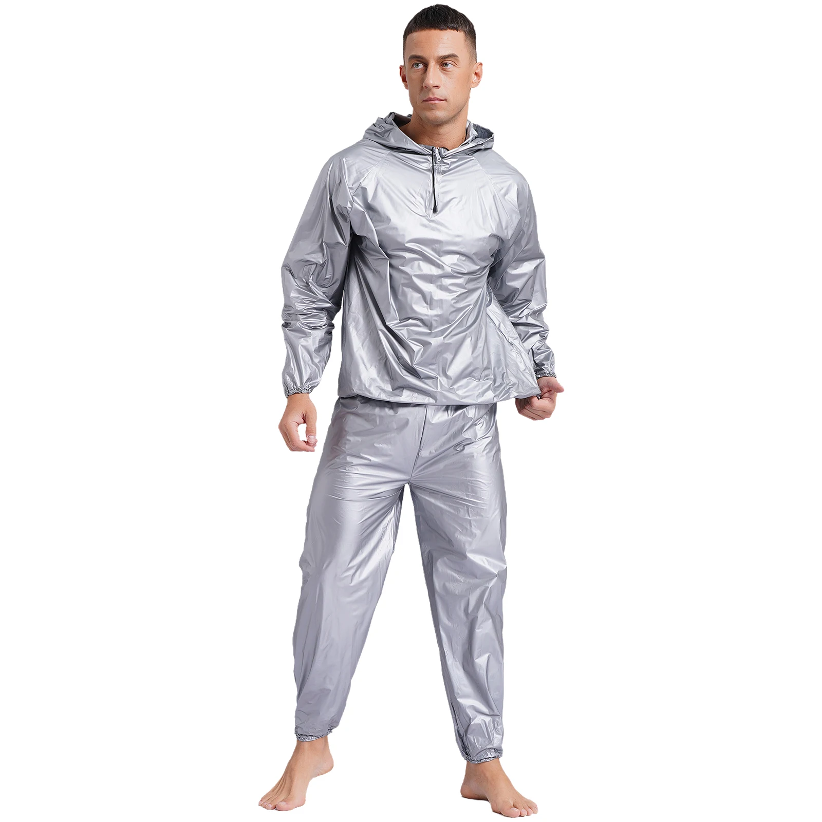 Mens Sauna Sweat Outfit Long Sleeve Hooded Jacket Outerwear and Elastic Waist Long Pants PVC Sweating Suit for Gym Workout