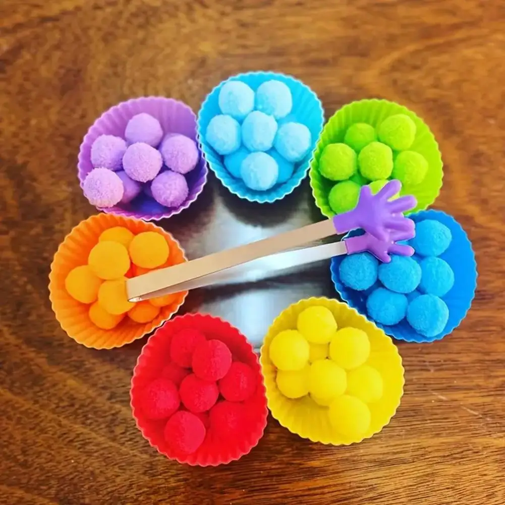 Kids Color Sorting Toy with 7 Bowls 70 Pompoms Clip Ball Counting Matching Game Educational Color Classification Cup Toy