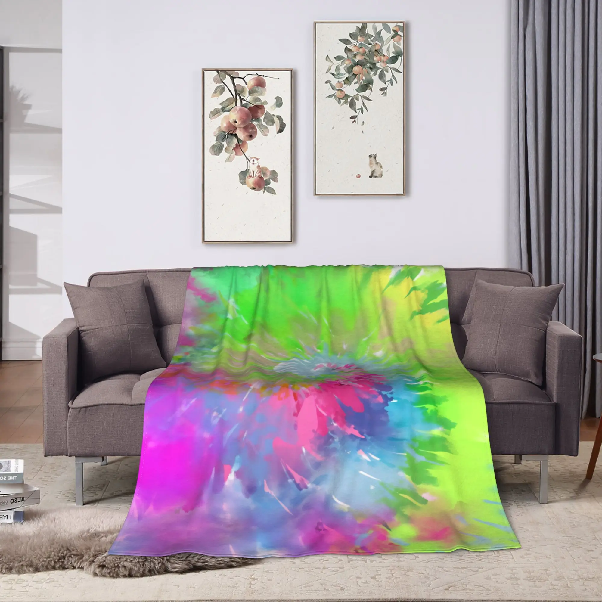 Green Pink Burst Tie Dye Throw Blanket Warm Comfy Graphic Blanket  For Home Decor Plane Travel Flannel Bedspread Bed Cover