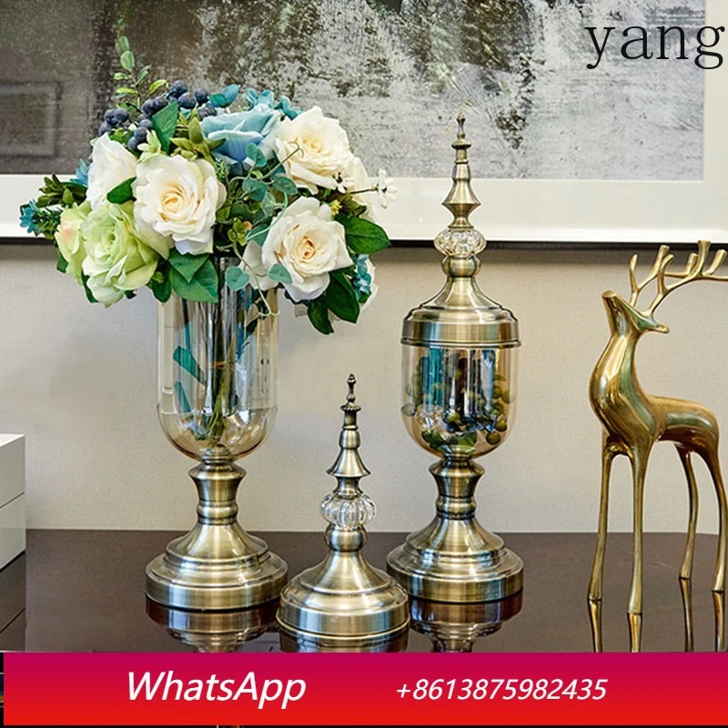 

2 Pcs/set European Retro Glass Vase Gold Metal Crafts Decorative Floral Vases Desktop Ornaments Flower Insert Antique Home Decor