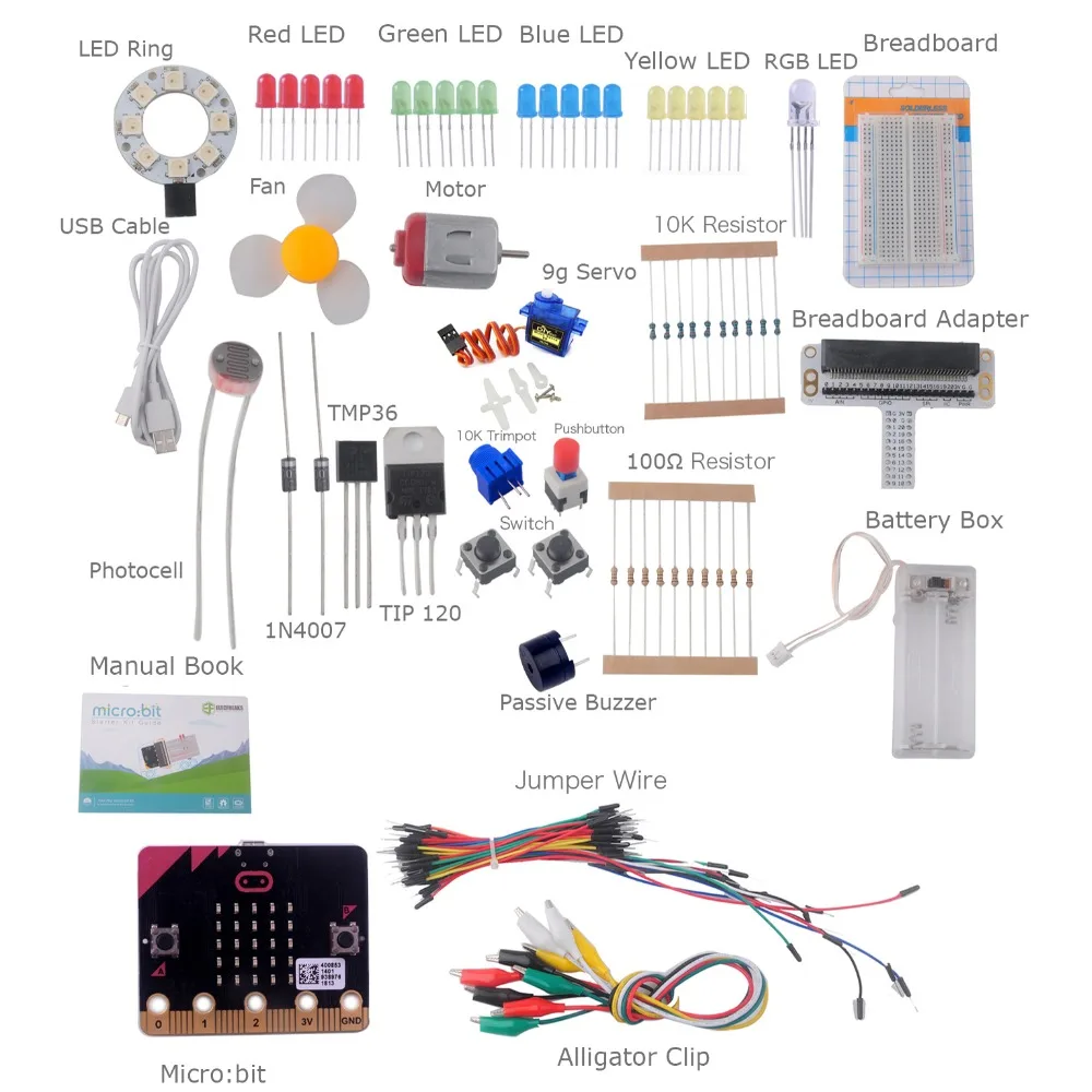 For Micro:bit Starter Kit (with micro:bit board) , Breadboard Adapter, LED, Button, Buzzer, SG-90 Mini Servo for Programming