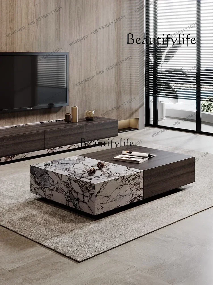 

Italian Minimalist Natural Marble Tea Table Small Apartment Solid Wood Living Room with Storage Stone Plate Tea Table