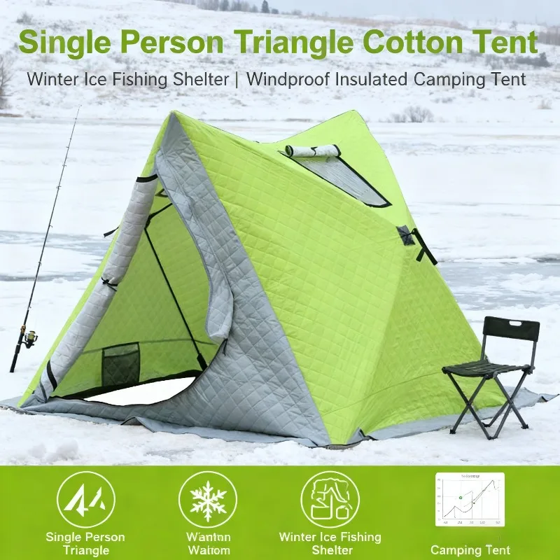 

Single Person Triangle Cotton Tent for Winter Fishing, Windproof Insulated Ice Fishing Tent, Portable Snow Shelter for Camping