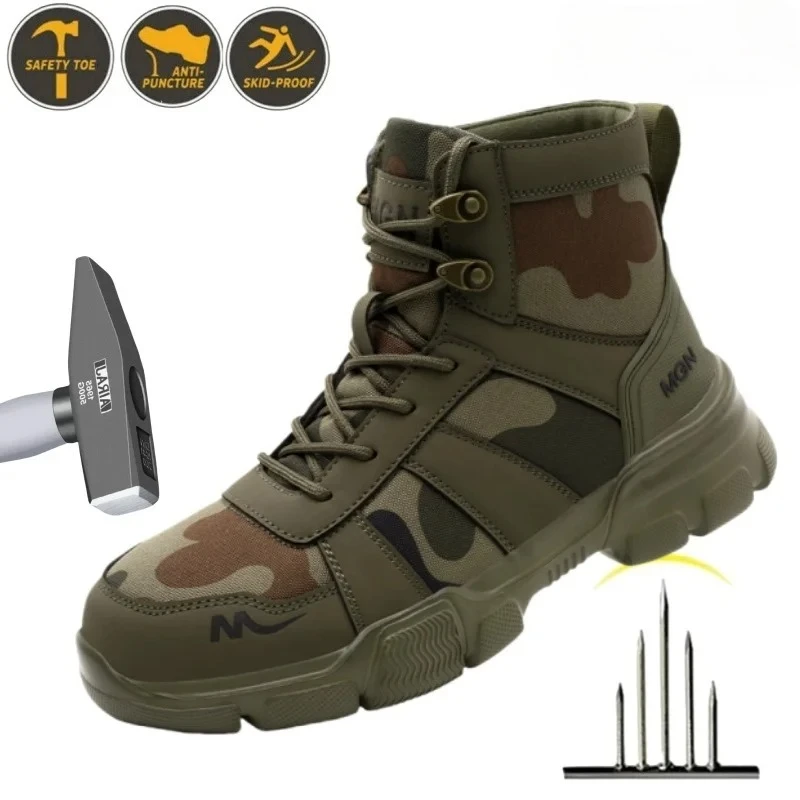 

Camouflage Safety Boots Men and Women Work Indestructible Shoes Climbing Steel Toe Protective Anti-puncture Security Sneakers