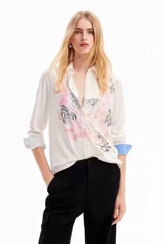 Foreign trade original single Spanish printed viscose fiber long sleeve shirt for women