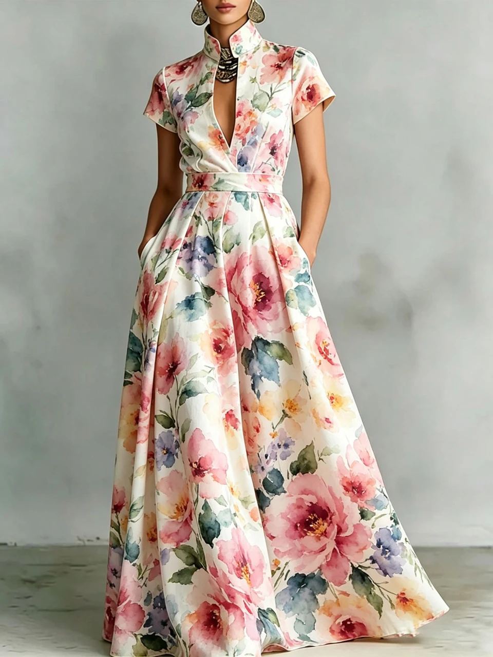 

Women Watercolor Floral Print Maxi Dress Stand Collar Short Sleeve High Waist A Line Wedding Guest Evening Party Long Vestidos
