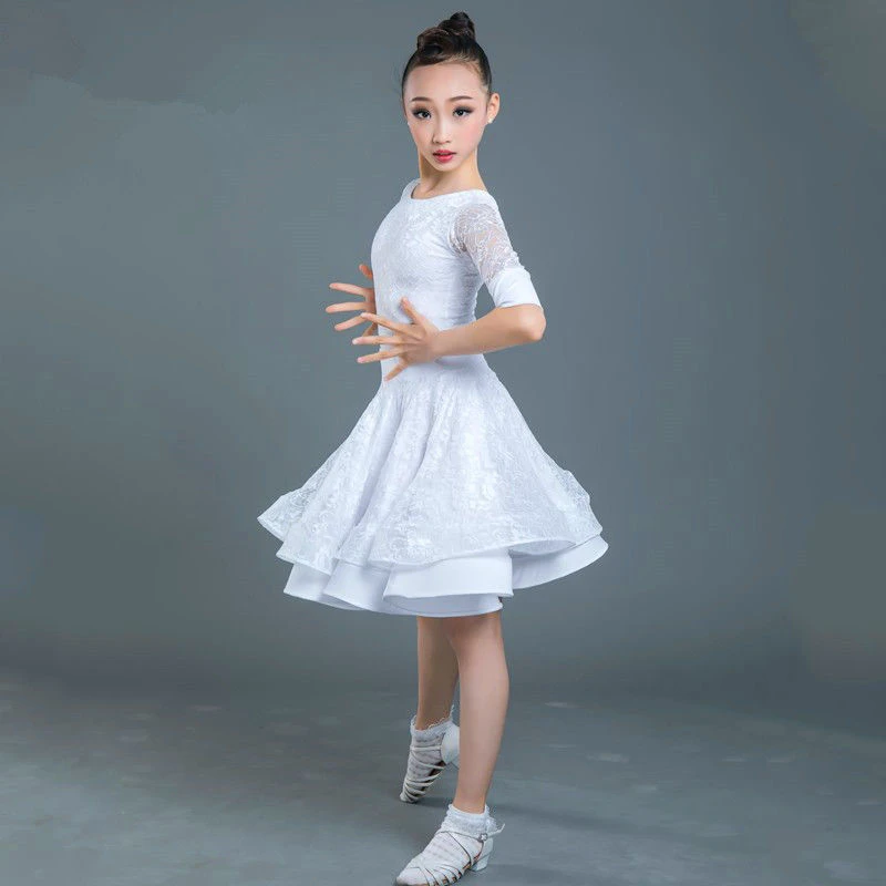 Children Latin Dance Dress Ballroom Baby Girl Tutu Lace Black White Design Stage Clothing Salsa Samba Costume 130-160CM A907