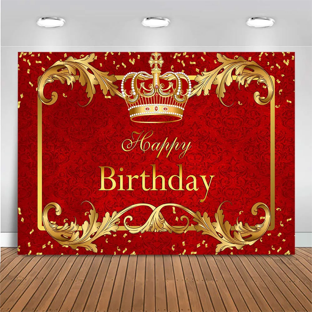 Mocsicka Red Royal Birthday Party Backdrop Decoration Gold Crown Little Prince Happy Birthday Photography Background Studio Prop