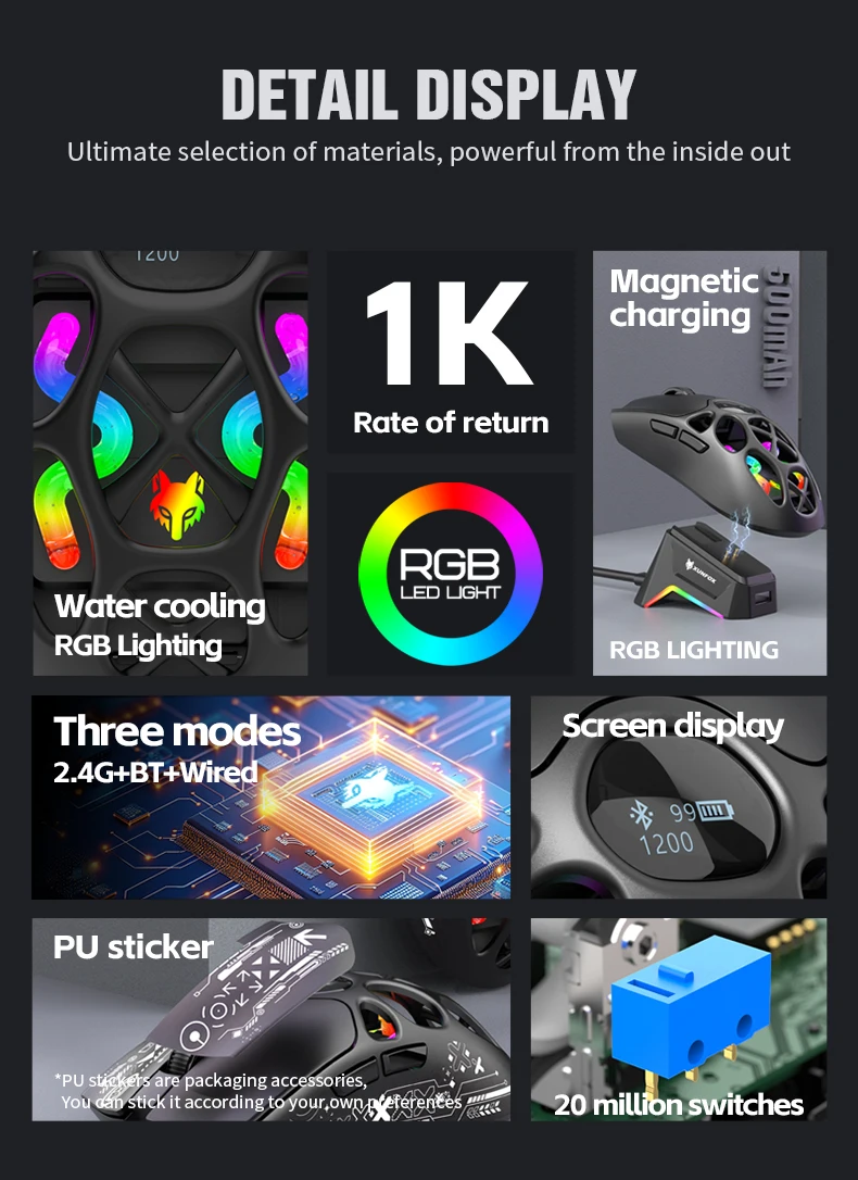 XUNFOX H16PRO Mouse, lightweight S205, Three-Mode Wireless Bluetooth Mouse for Gaming, Charging, RGB Lighting, Suitable for P