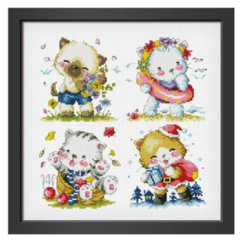 Amishop Gold Collection Counted Cross Stitch Kit Four Seasons Cats Spring Summer Autumn Winter Cat Kitty Kitten SO 3195