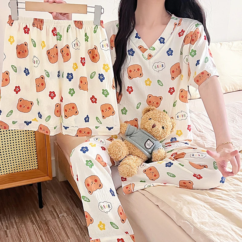 

Летний женский пижамный комплект с короткими рукавами, милый принт с v-образным вырезом, одежда для сна, шорты большого размера, женский хлопковый пижамный костюм из трех предметов