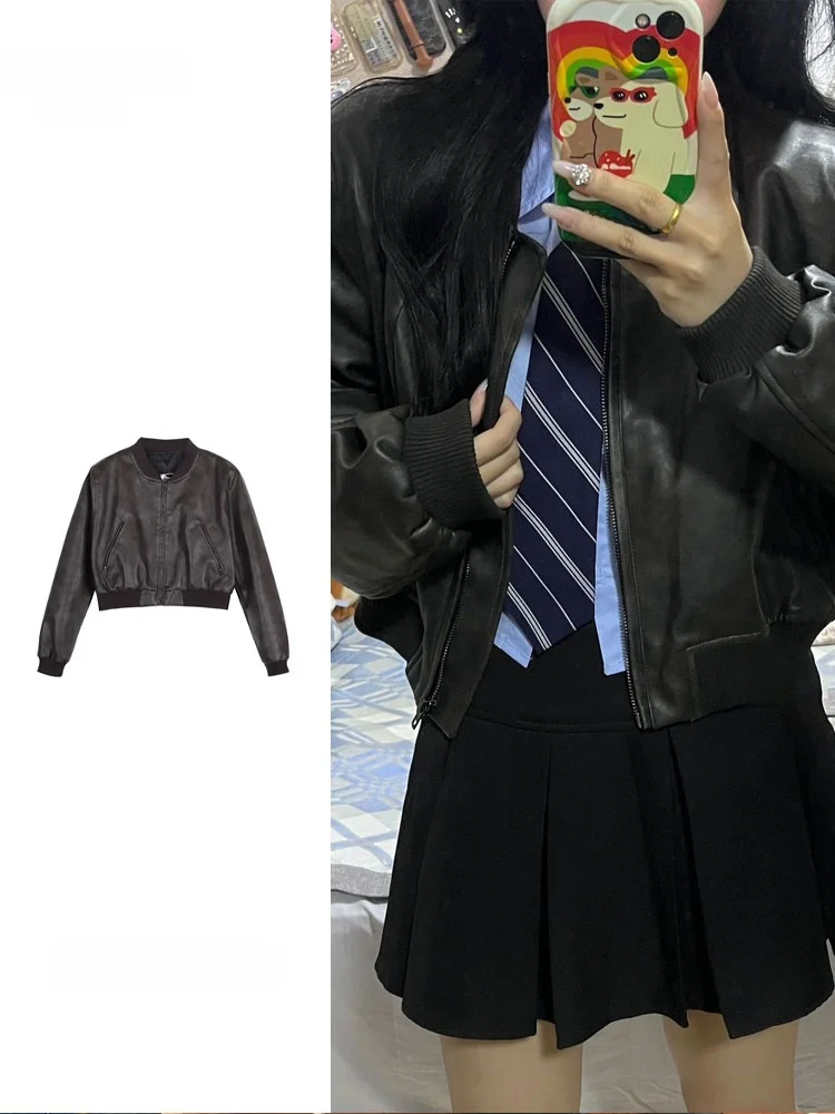 

American Style Short Leather Jacket Women's Coffee Color Baseball Coat Spring New Design Sensation Motorcycle Jacket