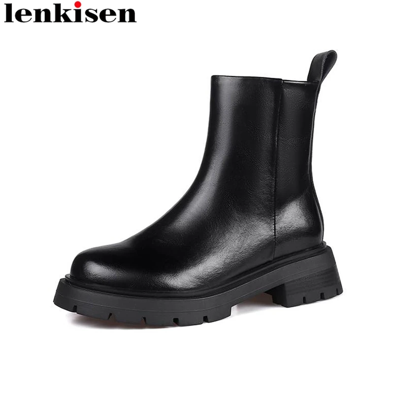 

Lenkisen Cow Leather Basic Design Round Toe Thick Low Heels Winter Chelsea Boots Platform Zipper Big Size 41 Cozy Ankle Boots