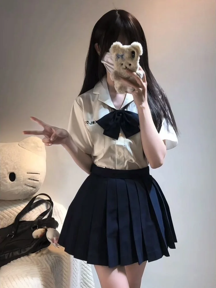 

Loose Fit Short Sleeve Basic Shirt Women's Style Summer Set JK Supply Soft Sister Pleated Skirt Pure Color Casual Outfit