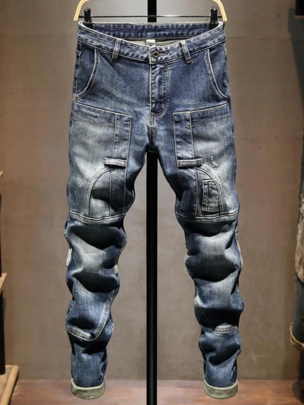 

Spring 2024 Men's Retro Patchwork Motorcycle Jeans Fashionable Slim Fit Casual Long Pants High Elasticity Youth Trend Washed ...